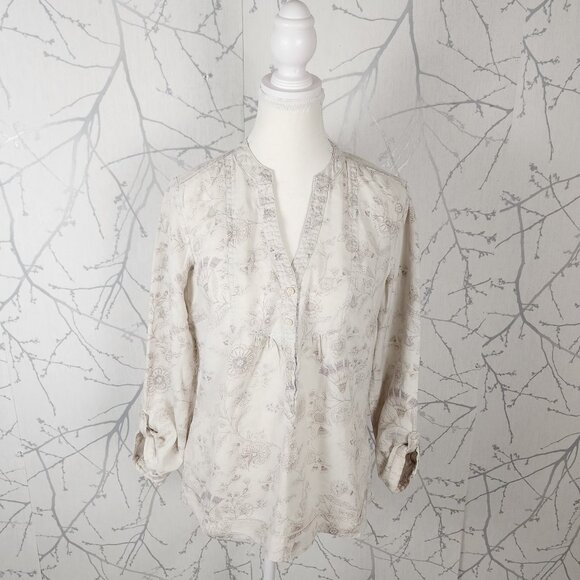 Marks & Spencer Beige Floral Print 100% Linen Popover Blouse - Picture 1 of 8